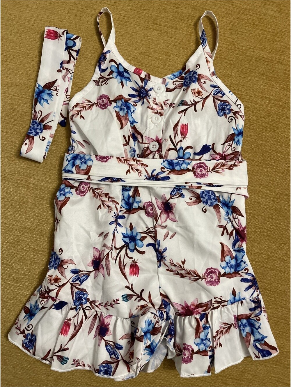 Girls 18-24 Months White Ruffled Floral Shorts Romper With Belt & Headband A1932